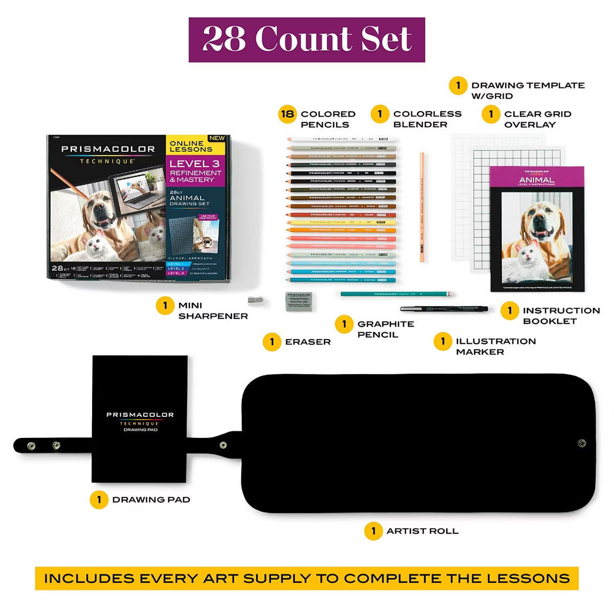 Prismacolor Technique, Art Supplies and Digital Art Lessons, Animal Drawings Set, Level 3