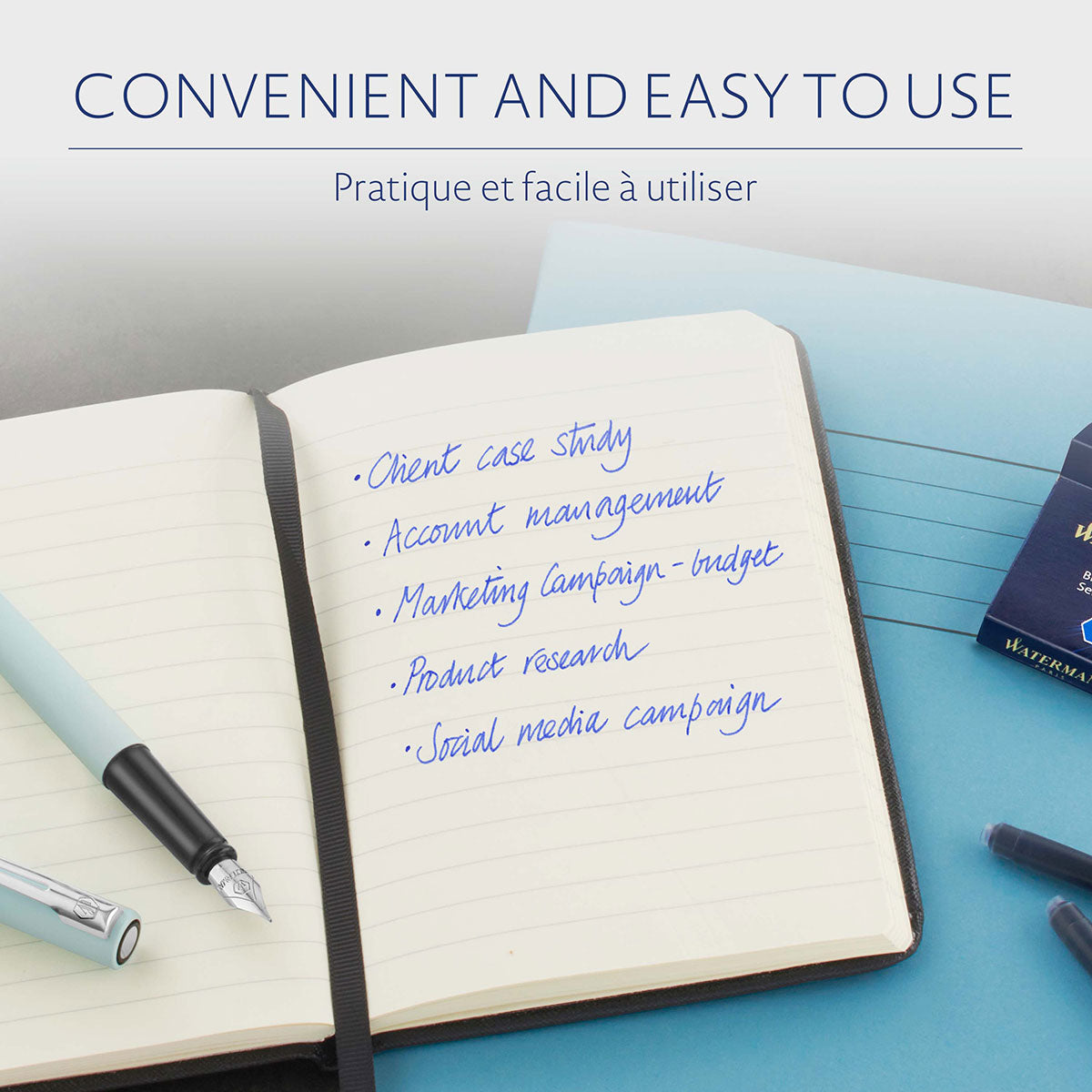 Waterman Fountain Pen Refills Assorted Colors Pack of 24, Mysterious Blue | Black | Serenity Blue Waterman Fountain Pen Ink Cartridges