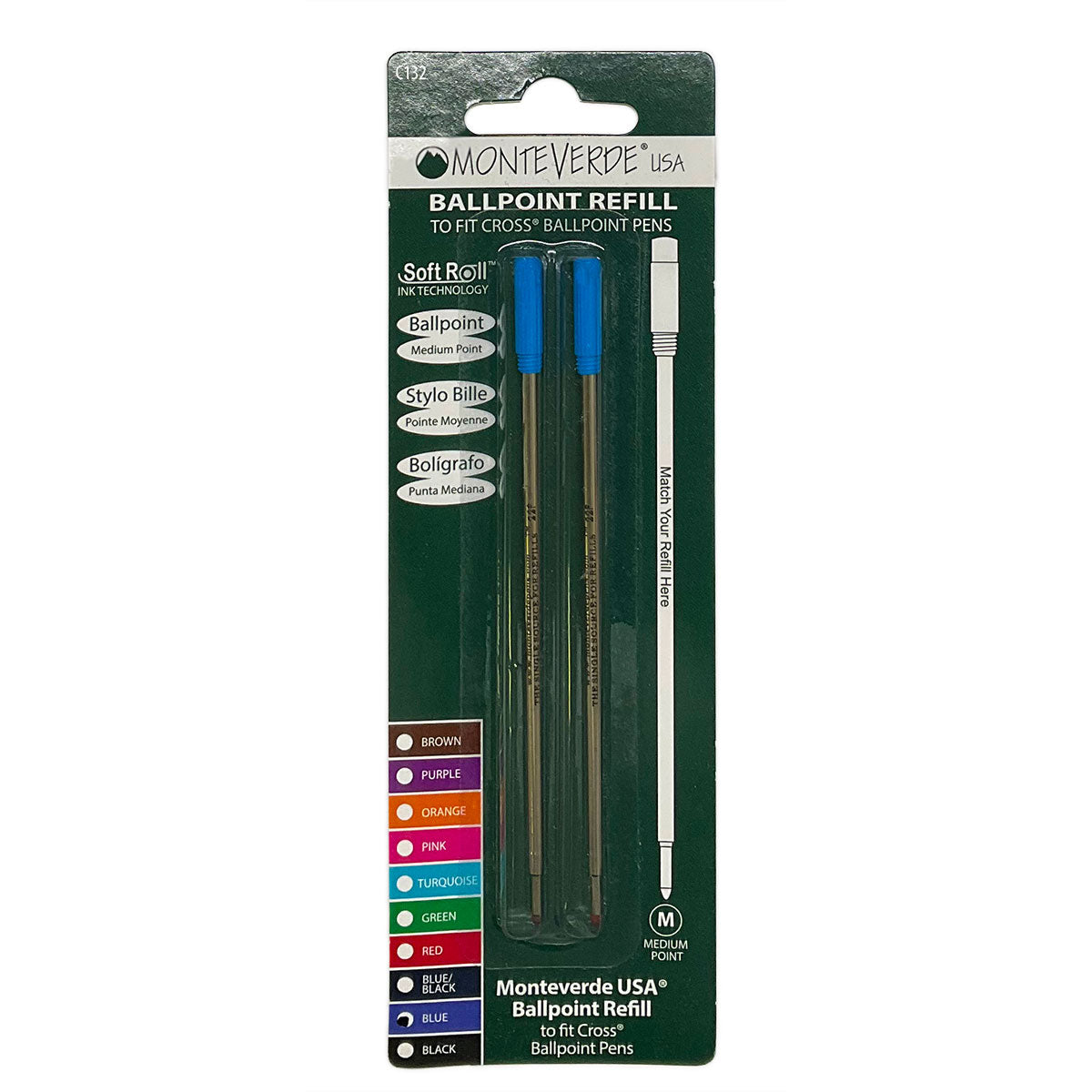 Blue Medium Refill For Cross Ballpoint Pens Blue Ink - By Monteverde (Same Size as 8513) 2 Ct