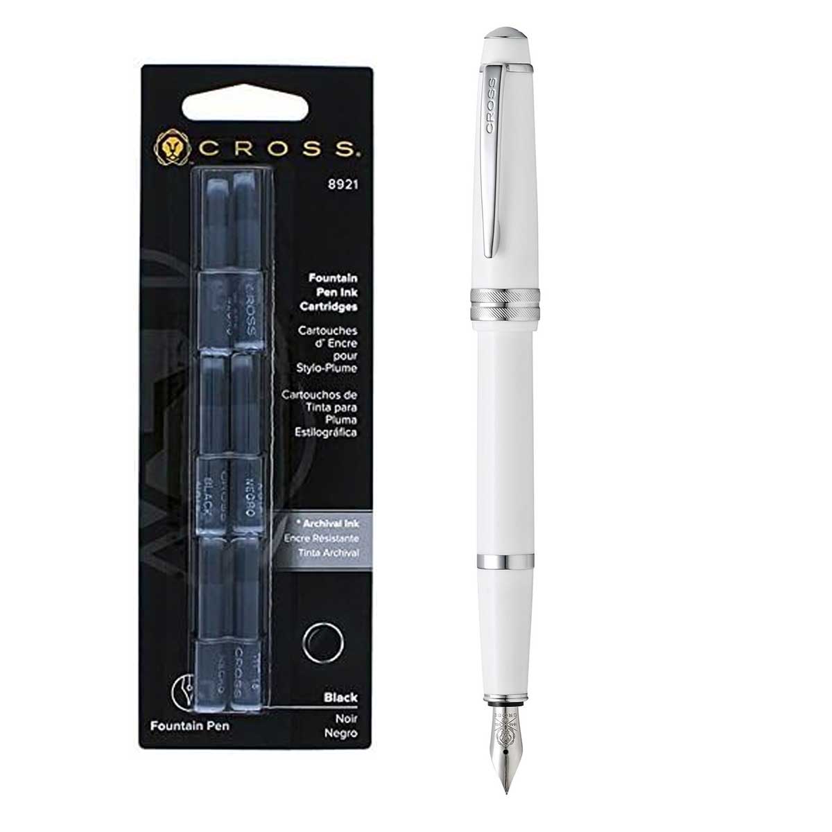 Cross Bailey Light, White Fountain Pen Extra Fine AT0746-2XS + 6 Black Cartridges