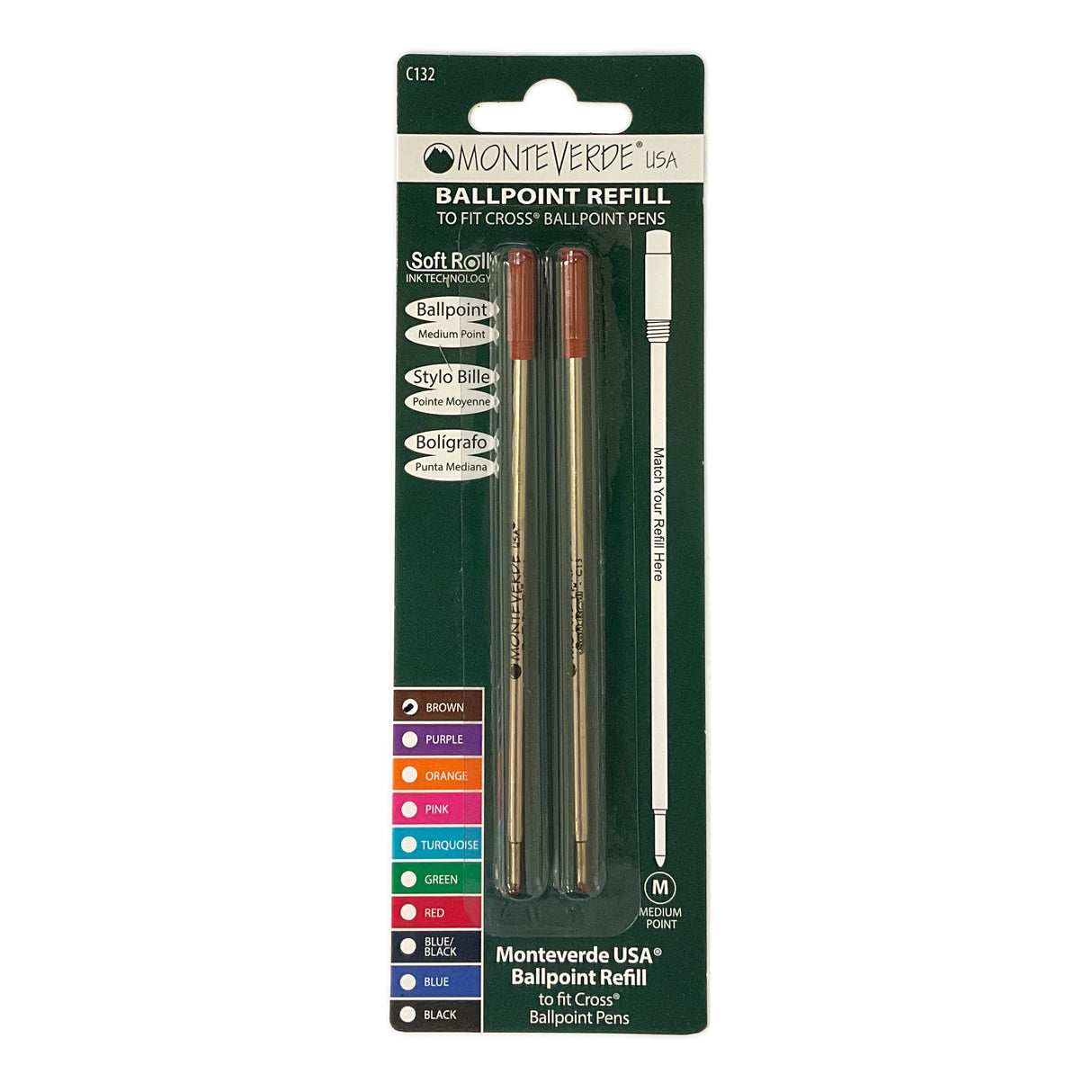 Refills for Cross Ballpoint Pens Pack of 2 , Brown Ink - By Monteverde (Same Size as 8513) Cross Ballpoint Refills