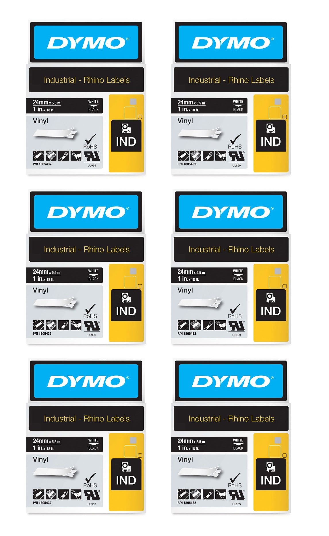 Dymo Rhino Industrial Vinyl Label Tape White on Black 1 Inch 1805432 Pack Of 6