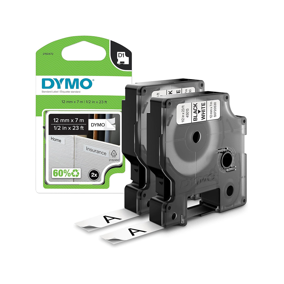 Dymo D1 Label Tape 1/2 Inch Black On White Pack of 2