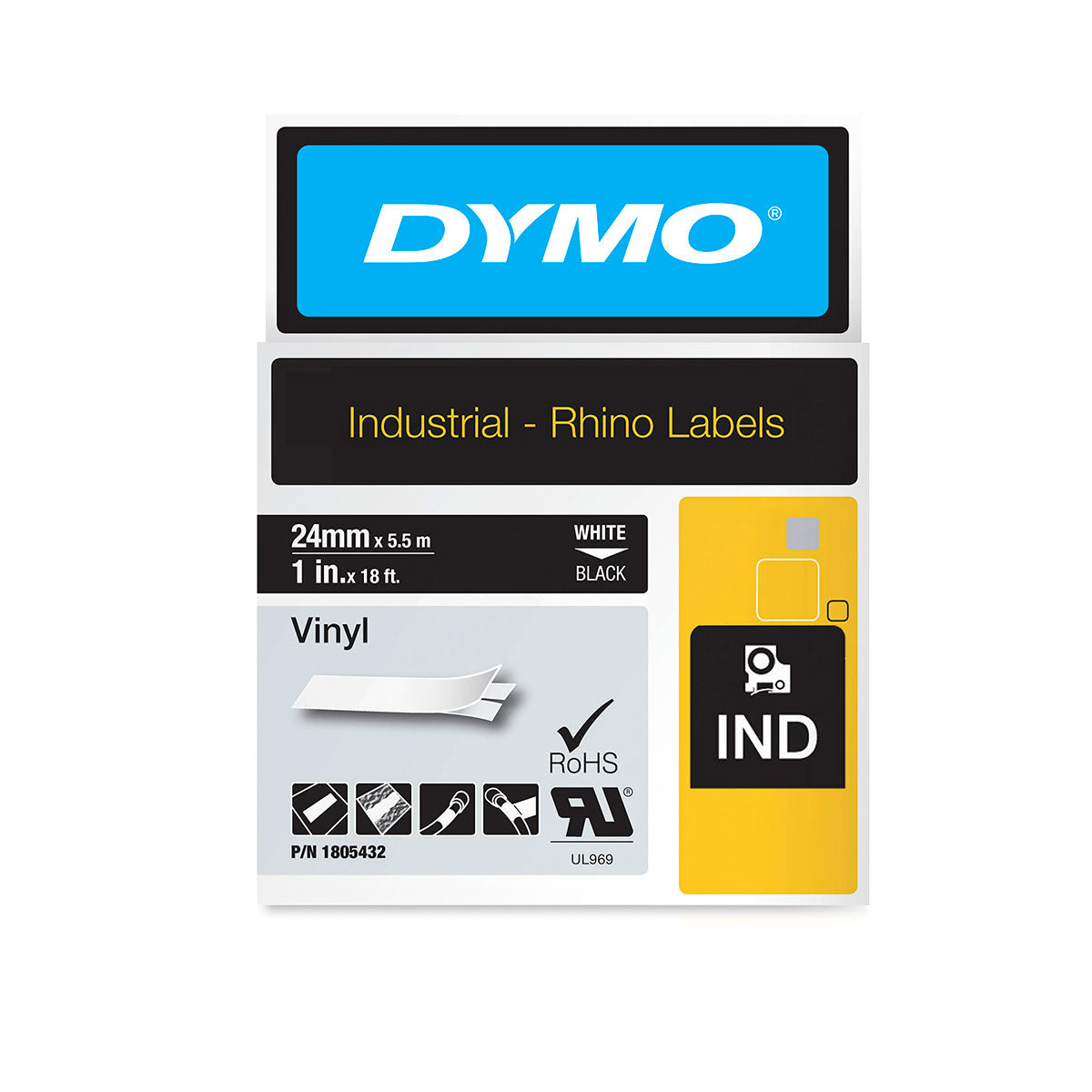 Dymo Rhino Industrial Vinyl Label Tape White on Black 1 Inch 1805432 Pack Of 6