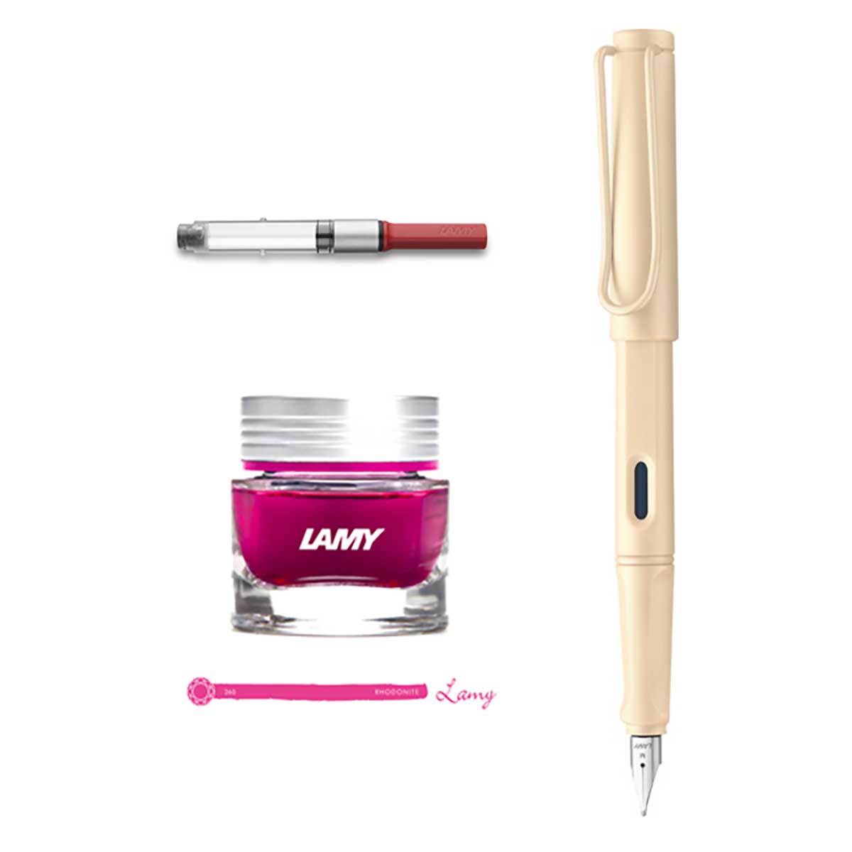 Lamy Safari Medium Fountain Pen Cream, With Ink Bottle Rhodonite and Converter