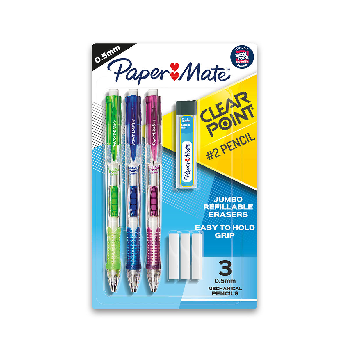 Paper Mate Clearpoint 0.5mm Mechanical Pencils Pack of 3, + 3 Erasers, 6 Leads