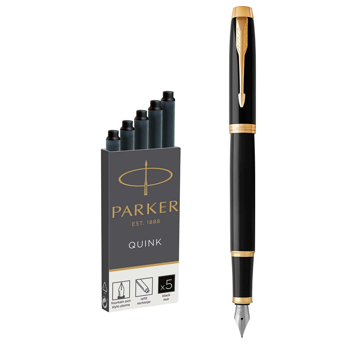 Parker IM Black Lacquer Gold Trim Fountain Pen Medium Nib + 5 Black Ink Cartridges