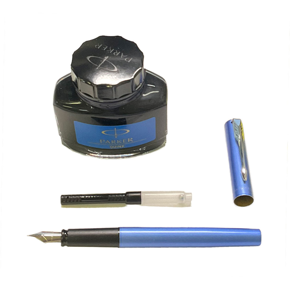 Parker Fountain Pen and Ink Set Vector Metallic Blue CT, Converter, Washable Blue Ink