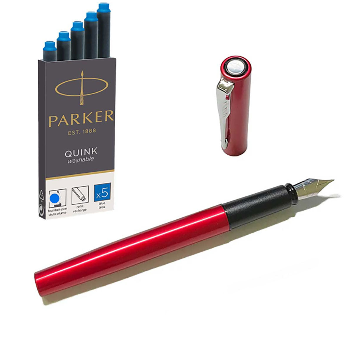 Parker Vector XL Red Fountain Pen, Fine + and 6 Blue Cartridges