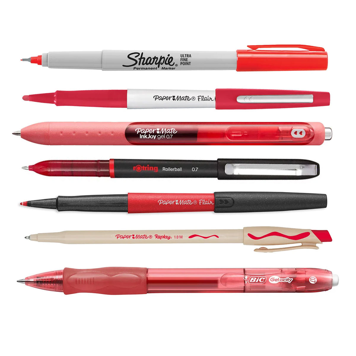 Red Ink Pens Sampler, Paper Mate Flair Broad, Flair Metallic, Inkjoy Gel Strawberry Red, Rotring, Replay Sharpie Ultra Fine