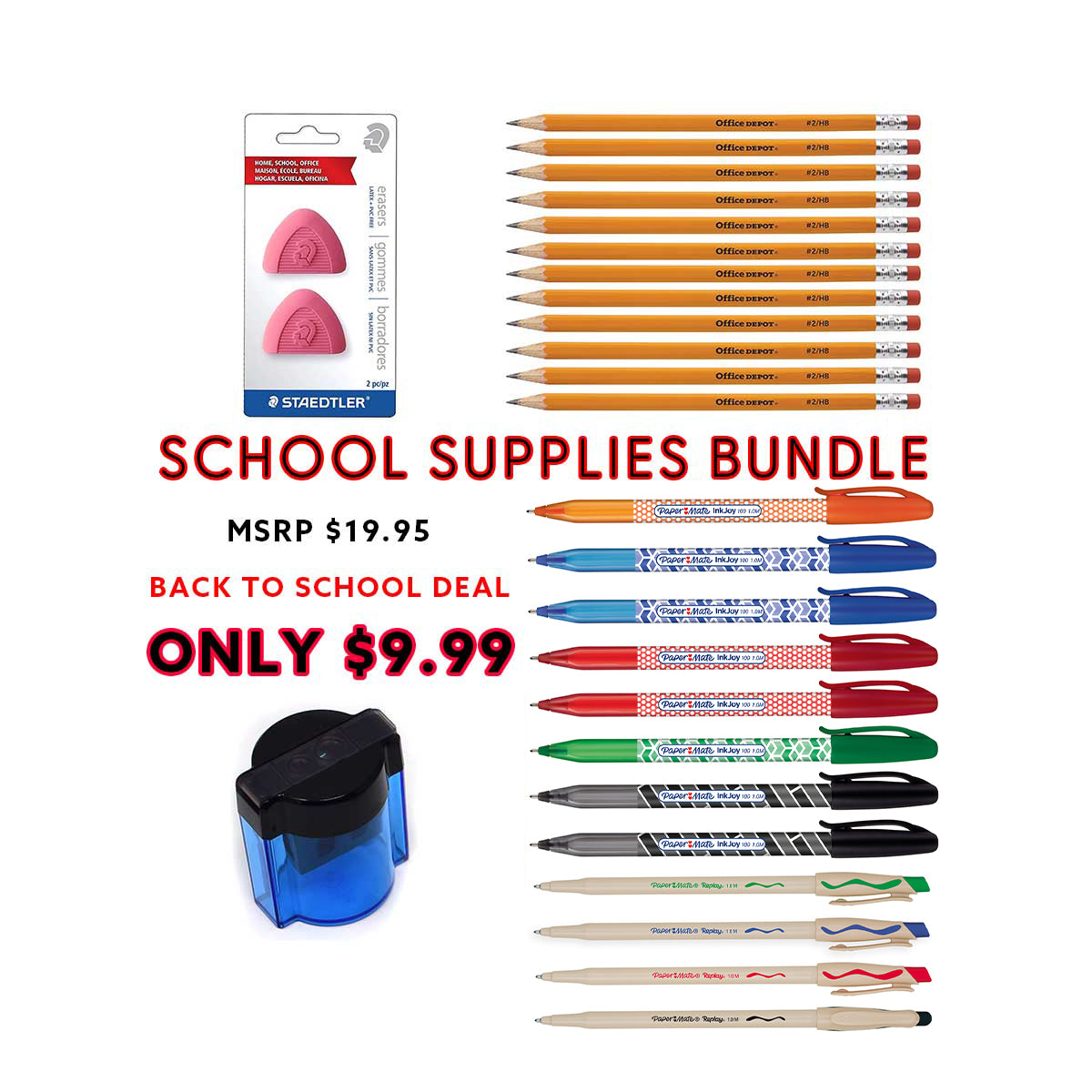27 Piece School Supplies Bundle, Pens, Pencils, Sharpener and Eraser PensAndPencils.Net Office Supplies