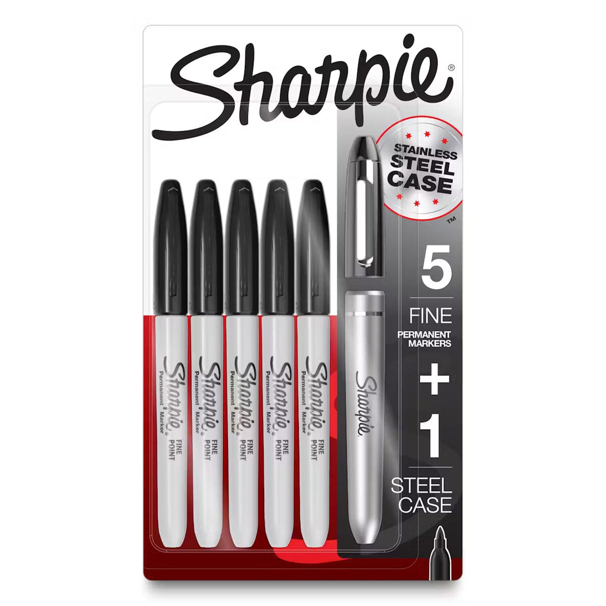 Stainless Steel Sharpie Case + 5 Sharpie Black Fine Markers
