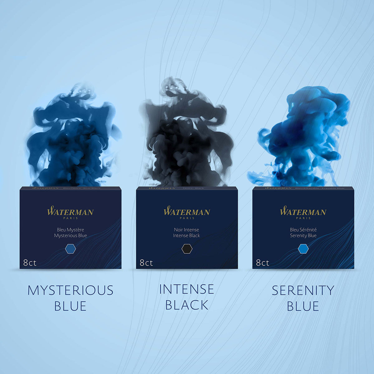 Waterman Fountain Pen Refills Assorted Colors Pack of 24, Mysterious Blue | Black | Serenity Blue Waterman Fountain Pen Ink Cartridges