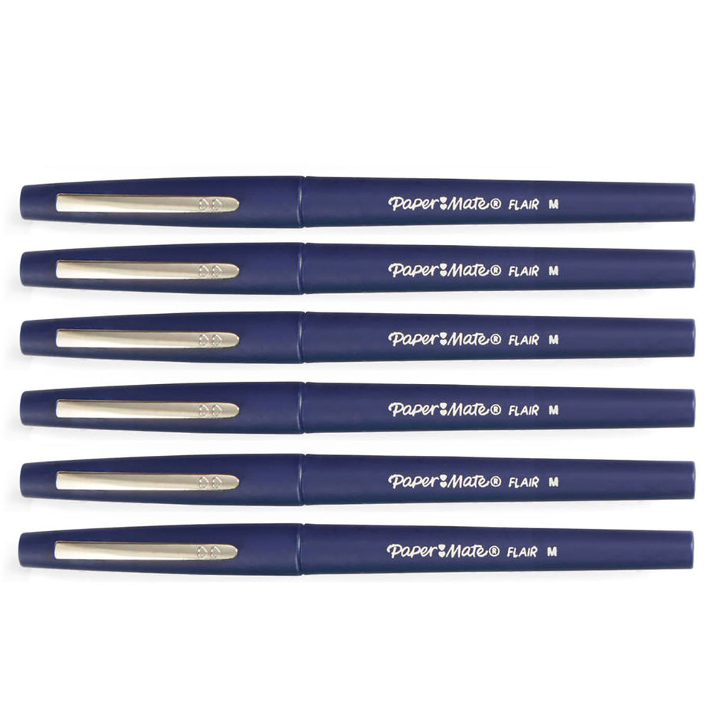 Paper Mate Flair Navy Felt Tip Pen Medium, Pack of 6
