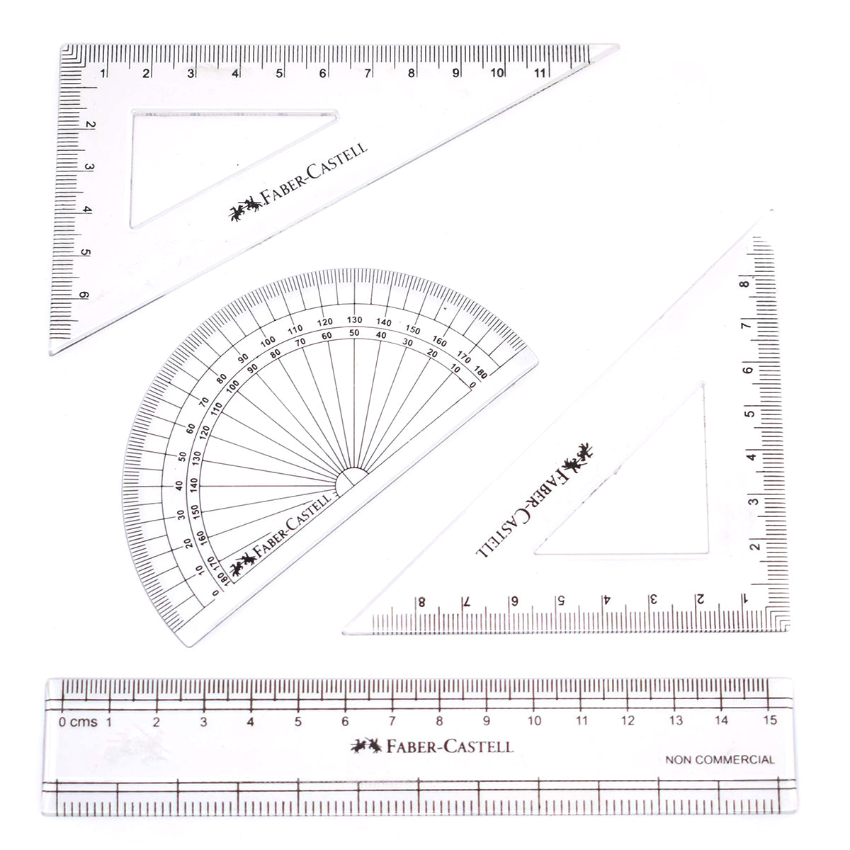 Faber Castell Mathematical Drawing Instrument Set, 180 Degree Protractor, 60, 90, 30 Set Square, 45, 90 Degree Set Square and 1 15 CM Ruler (Centimeters) Faber Castell Mathematical Instruments
