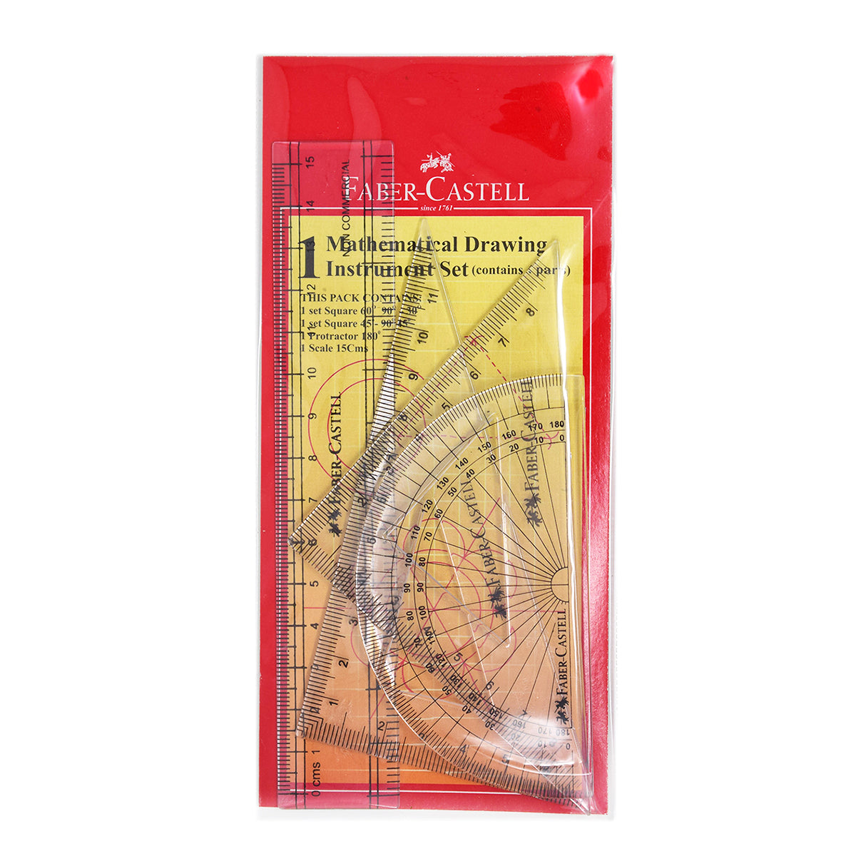 Faber Castell Mathematical Drawing Instrument Set, 180 Degree Protractor, 60, 90, 30 Set Square, 45, 90 Degree Set Square and 1 15 CM Ruler (Centimeters) Faber Castell Mathematical Instruments