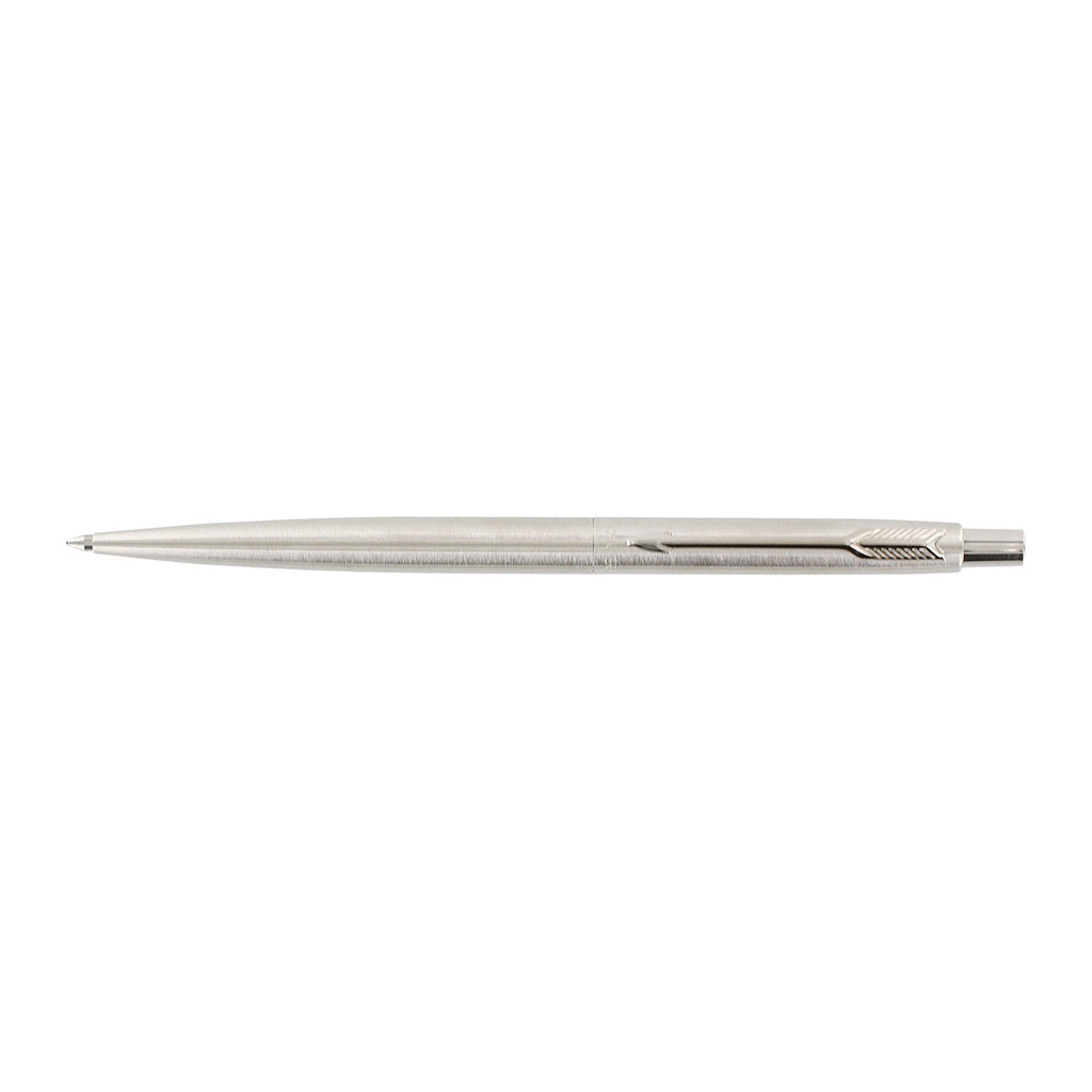 Parker Classic Brushed Stainless Steel Chrome Trim Slim Ballpoint Pen, Black Ink Made in UK