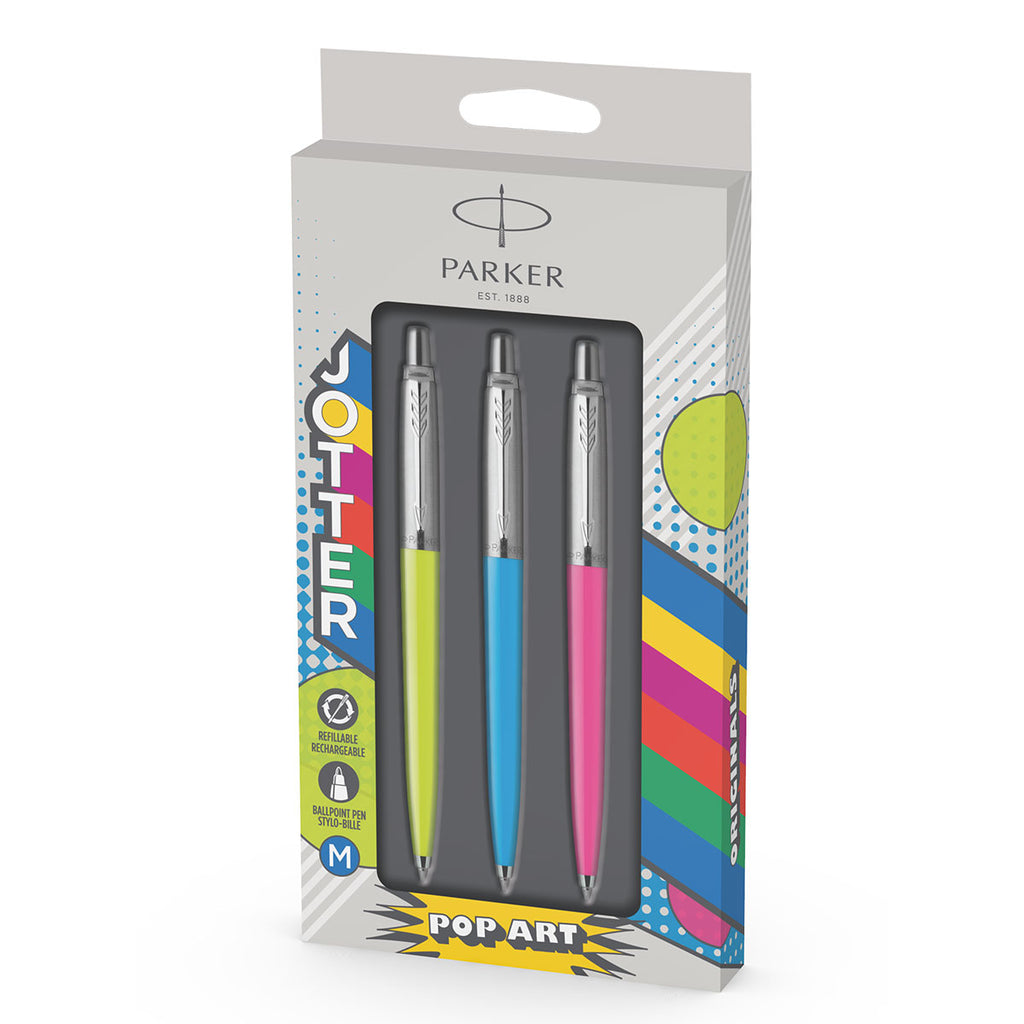 Parker Jotter Originals 60s Pop Art Lime, Sky Blue and Hot Pink Ballpoint Pens Blue Ink Set of 3
