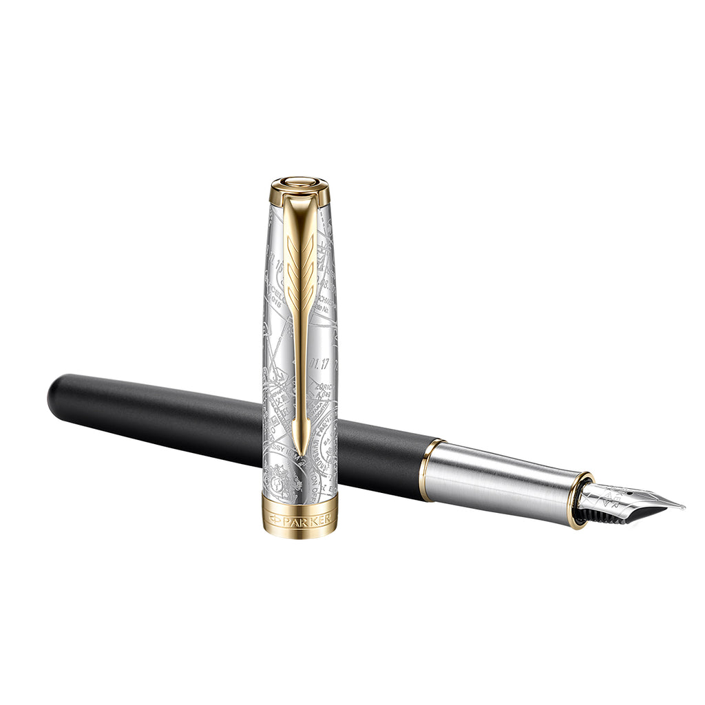 Parker Sonnet Special Edition Impression Travel Inspired (Transit) Gold Trim Fountain Pen with 18K Fine Nib Parker Ballpoint Pen
