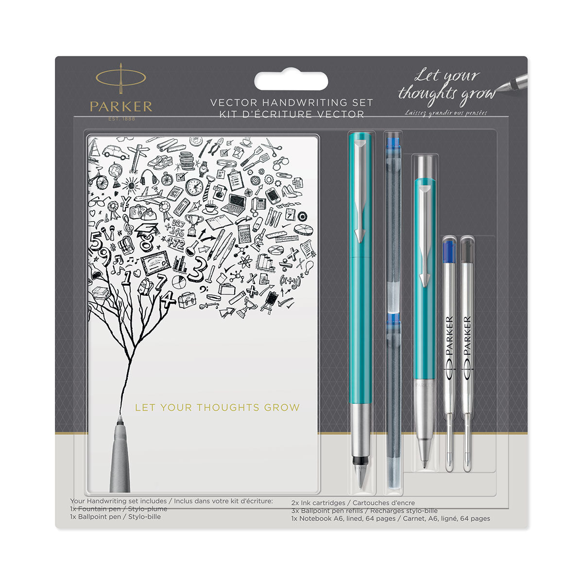 Parker Vector Blue Green Fountain Pen and Ballpoint Pen Set + Cartridges, Refills and Parker Notebook Parker Fountain Pens