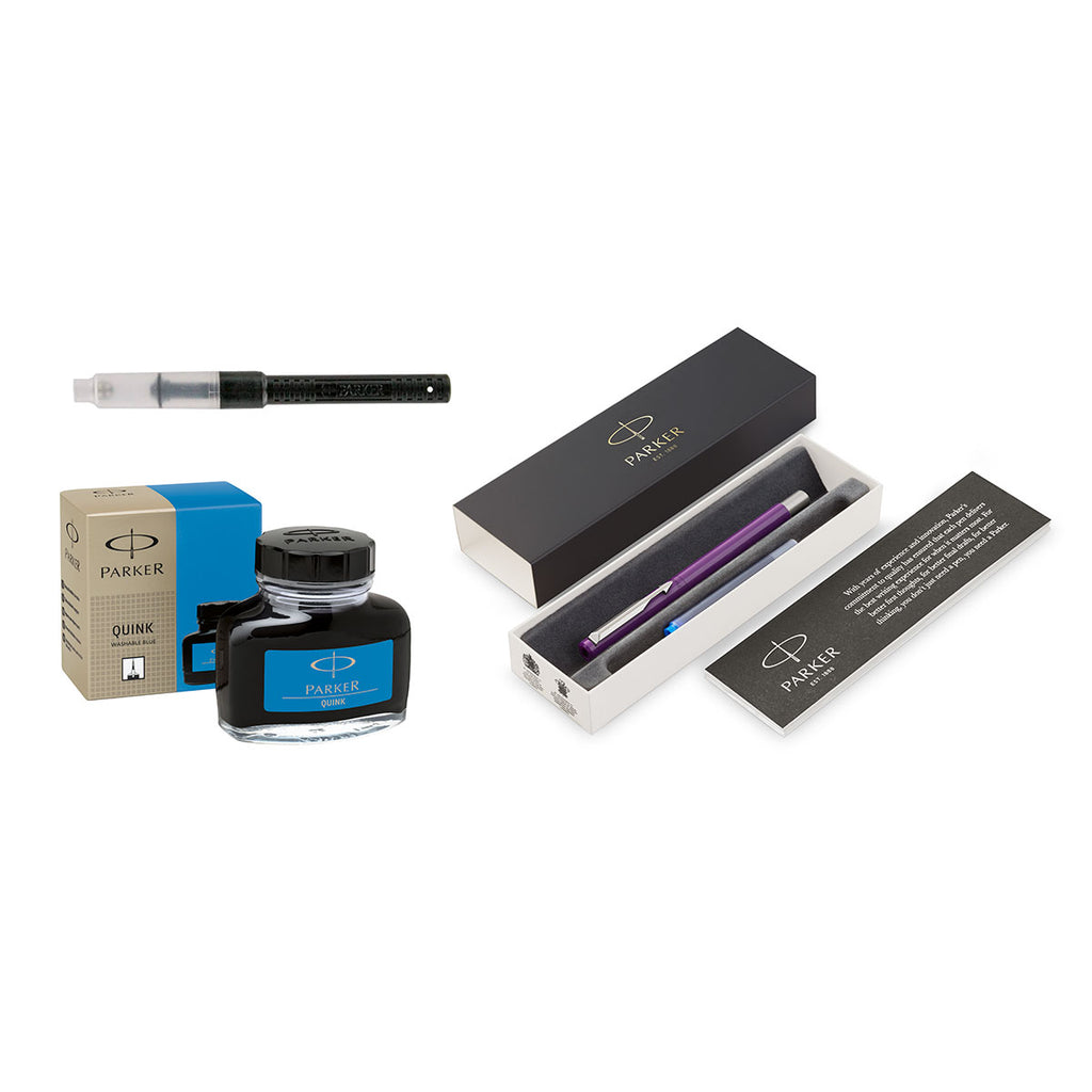 Parker Vector Fountain Pen Starter Kit Purple Fine, Converter and Washable Blue Bottled Ink Made in France