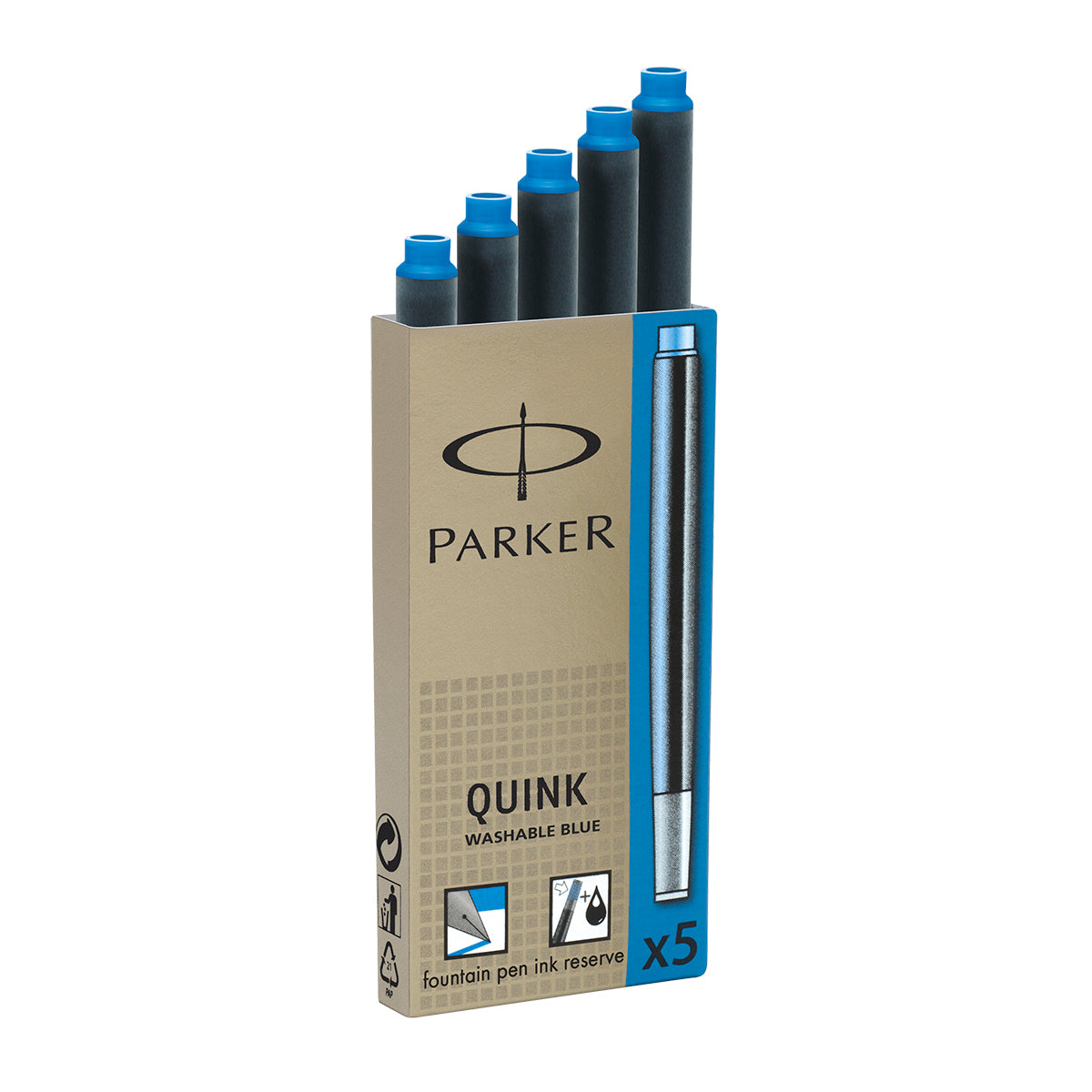 Parker Fountain Pen Ink Cartridges, Washable Blue Pack Of 5 Parker Fountain Pen Ink Cartridges