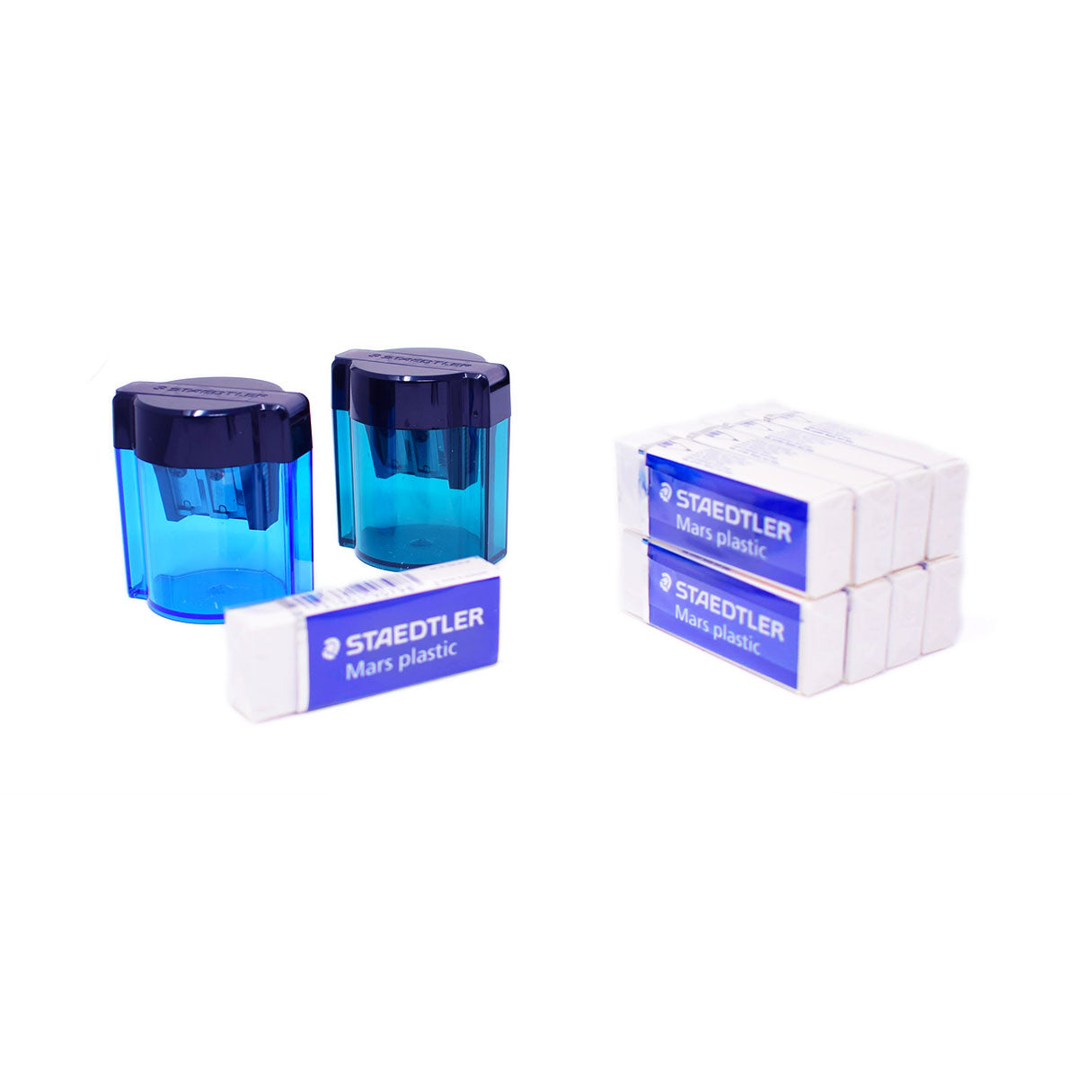 Staedtler Mars Plastic Erasers Pack of 9 + 2 Free Sharpeners Blue and Teal Staedtler Erasers