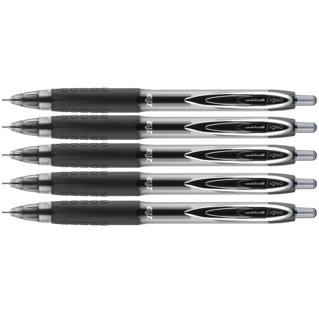 Uniball Signo 207 Black Gel Pen Needle Point, Medium 0.7mm Retractable Pack of 5 1960311