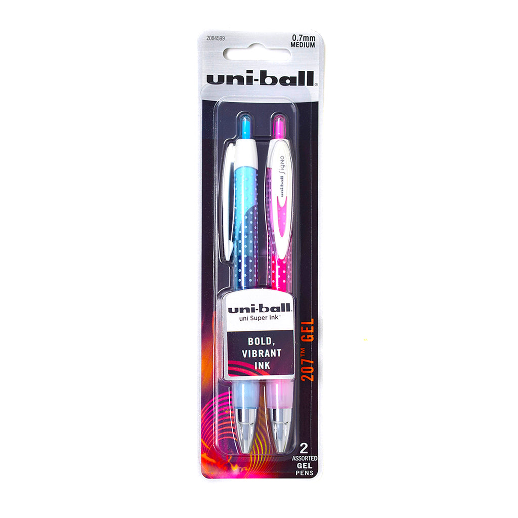 Uni Ball Signo 207 Pink And Light Blue Retractable Gel Pens, 0.7mm Medium - Polka Dot Style