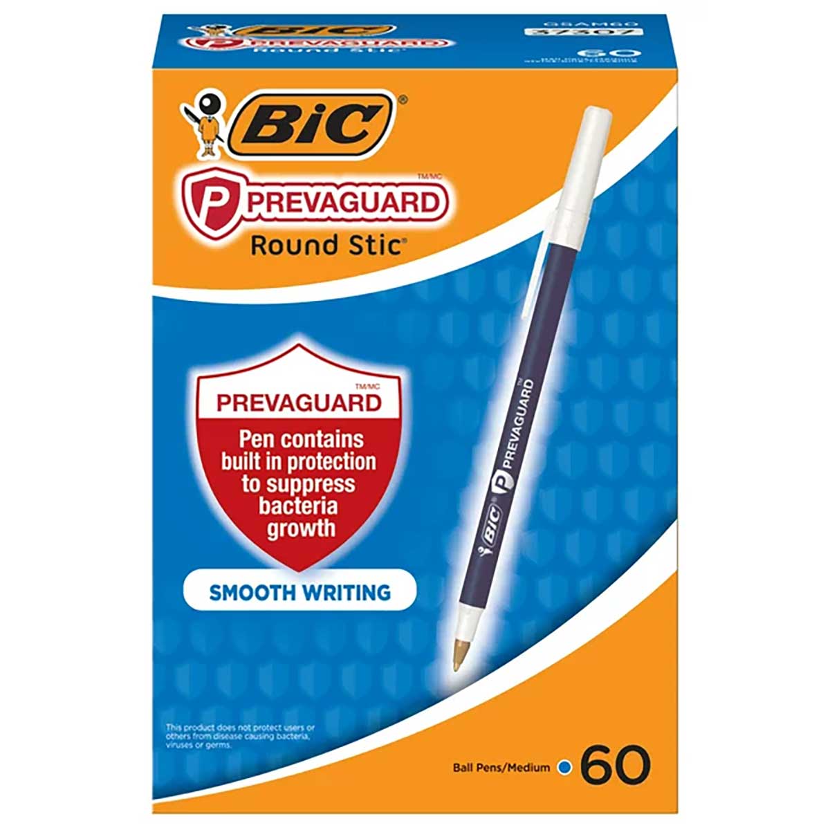 Bic Prevaguard Antimicrobial Round Stick Blue Pens Medium Smooth Writing 60 Pack