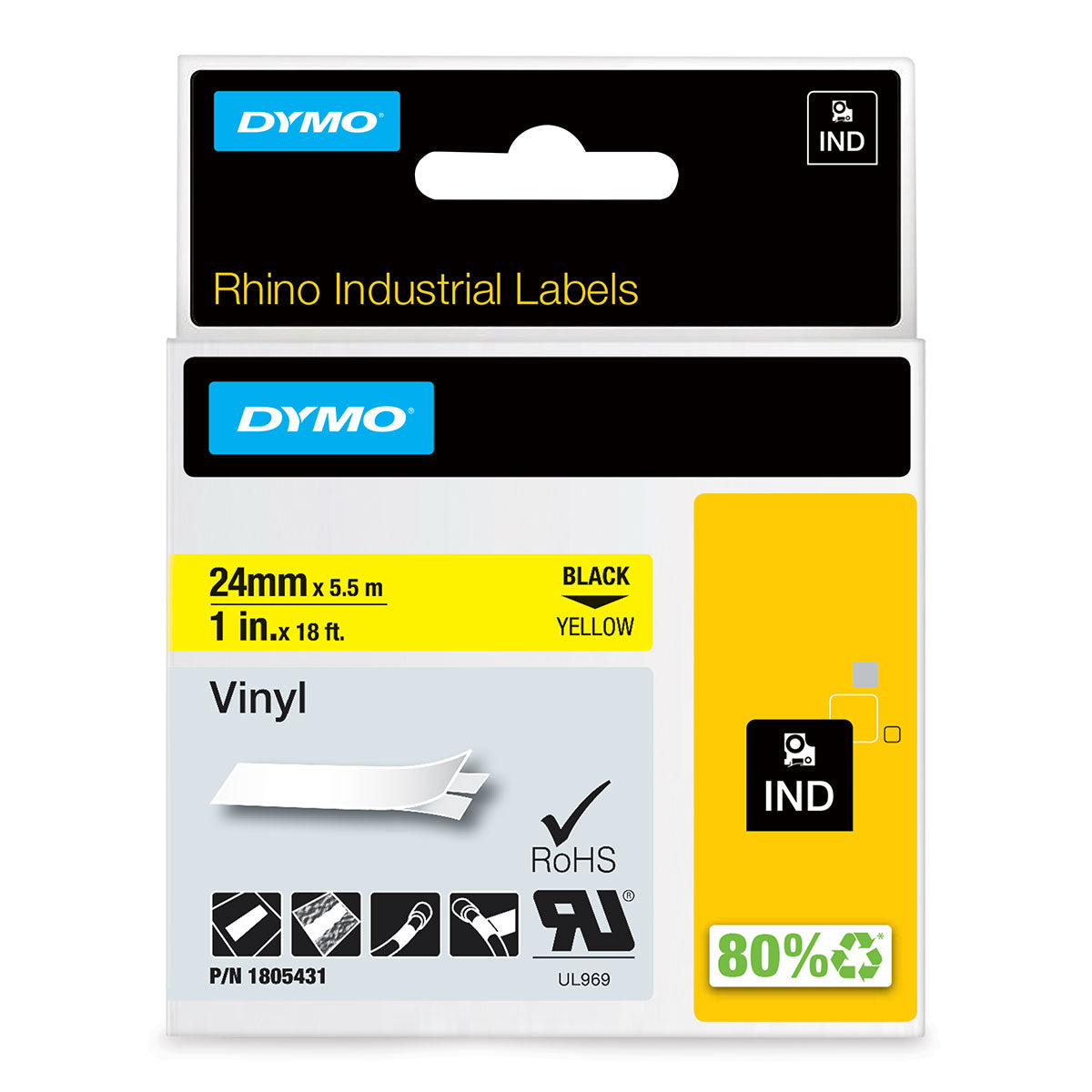 Dymo Rhino Industrial Label Tape Yellow on Black 1 Inch 1805431