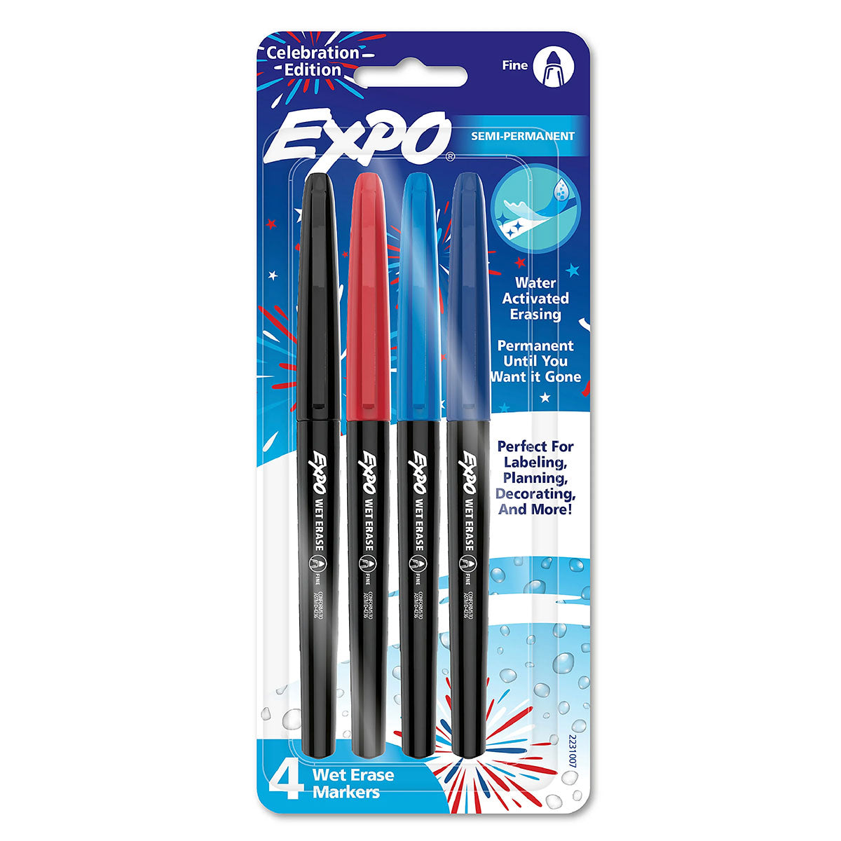 Expo Wet Erase Fine USA 250th Anniversary Edition 4 Assorted Colors Red, Blue, Turquoise and Black