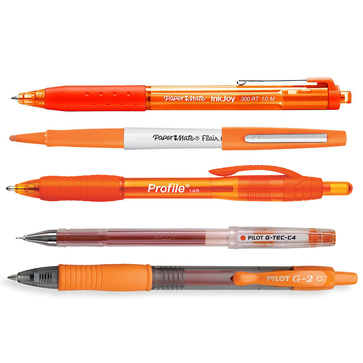 Orange Ink Pens Sampler, Paper Mate Flair Broad, 550 RT, Inkjoy 300, Profile, Pilot Gtec C4 & G2 7