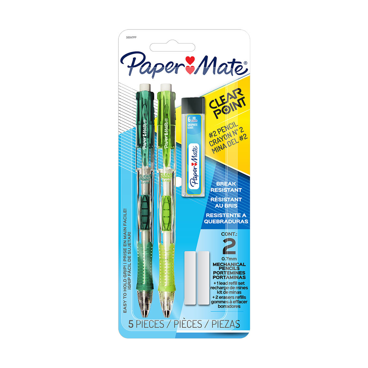 Paper Mate Clearpoint 0.7mm Mechanical Pencils Pack of 2 Lime- Pine, + 2 Erasers, 6 Leads