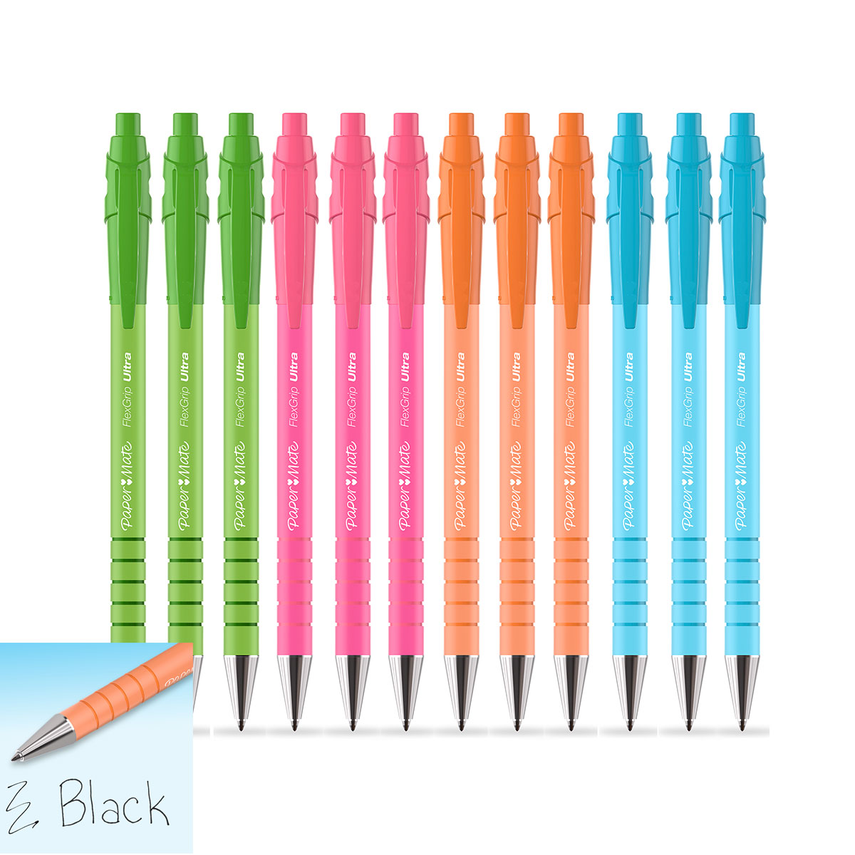Paper Mate Flexgrip Ultra Black Ink Pens Medium Assorted Color Barrels 12 CT
