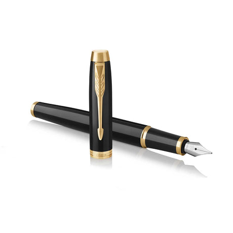 Parker IM Black Lacquer Gold Trim Fountain Pen Fine Nib + 5 Black Ink Cartridges