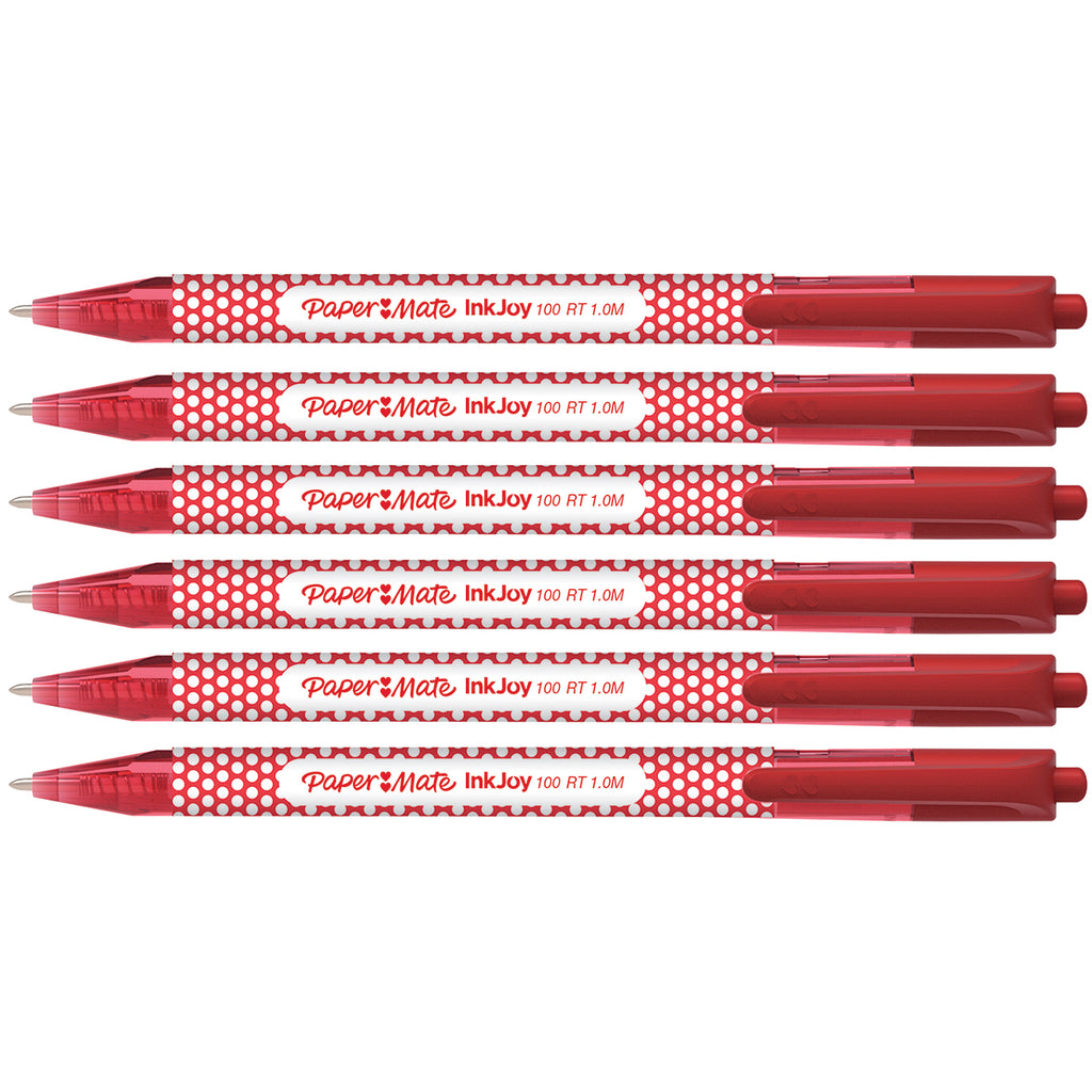 Papermate Inkjoy 100 Red Polka Dot Ballpoint Red Ink Retractable Pack of 6