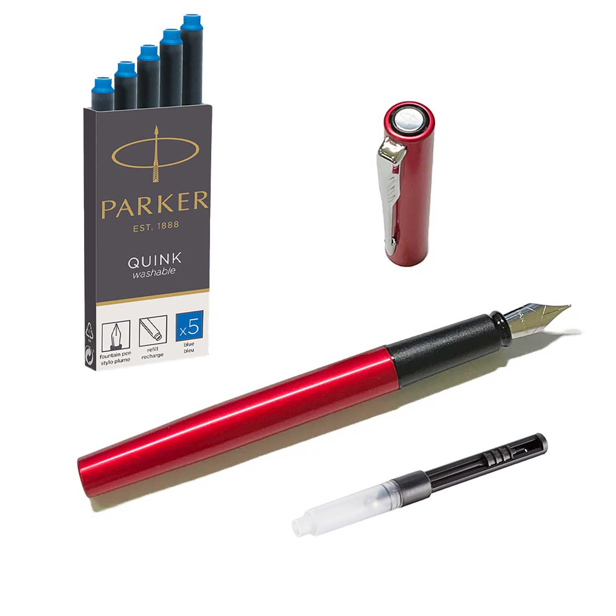 Parker Vector XL Red Fountain Pen, Fine + Converter and 6 Blue Cartridges