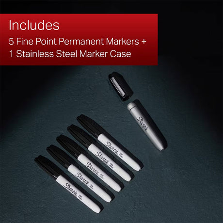 Stainless Steel Sharpie Case + 5 Sharpie Black Fine Markers