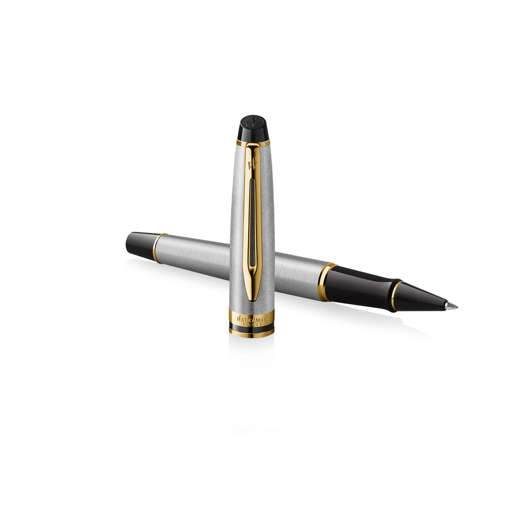 Waterman Expert Stainless Steel Gold Trim Rollerball Pen S0951980