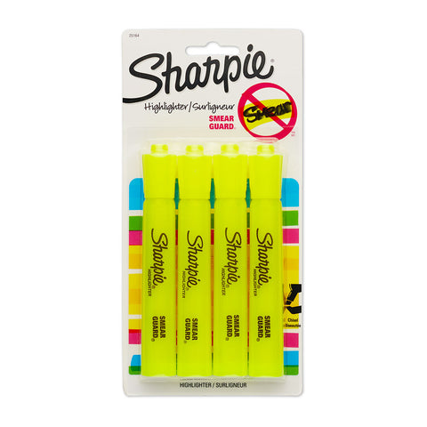 Sharpie Fluorescent Yellow Highlighter Chisel Tip Smear Guard Pack of 4  Sharpie Highlighter