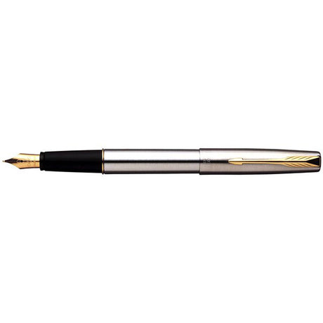 Parker Frontier Stainless Steel Gold Trim Fountain Pen Med Nib Made In UK - PensAndPencils.Net