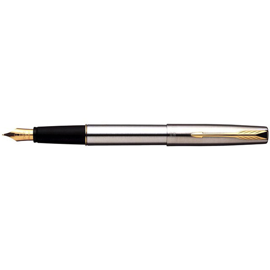 Parker Frontier Stainless Steel Gold Trim Fountain Pen Med Nib Made In UK - PensAndPencils.Net