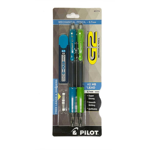 Pilot G2 Mechanical Pencils Pack of 2 with Extra Erasers and Leads Lime Green and Turquoise Grip and Clip  Pilot Gel Ink Pens