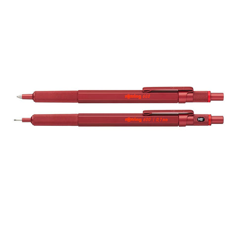 Rotring 600 Red, Full Metal Ballpoint Pen and 0.7MM Pencil Set, Black Ink