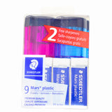 Staedtler Mars Plastic Erasers Pack of 9 + 2 Free Sharpeners Blue and Magenta