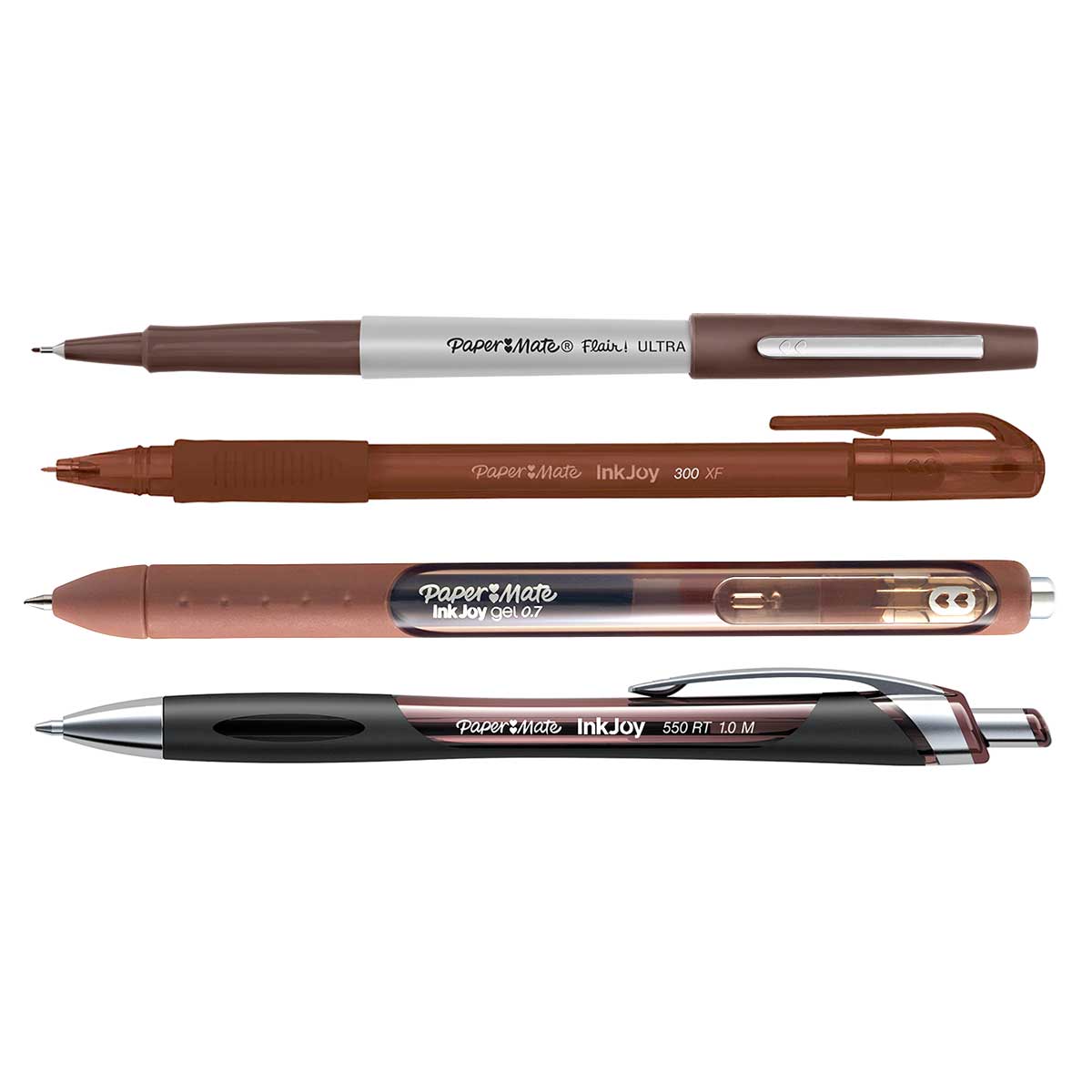 Brown Ink Pens Sampler, Paper Mate Flair EF, 550 RT, Inkjoy Gel and 300 XF