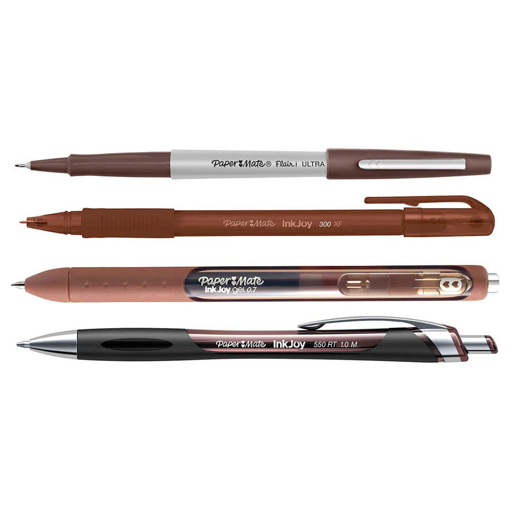 Brown Ink Pens Sampler, Paper Mate Flair EF, 550 RT, Inkjoy Gel and 300 XF  Paper Mate Ballpoint Pen