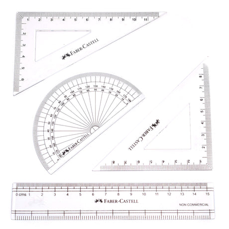 Faber Castell Mathematical Drawing Instrument Set, 180 Degree Protractor,  60, 90, 30 Set Square, 45, 90 Degree Set Square and 1 15 CM Ruler (Centimeters)  Faber Castell Mathematical Instruments