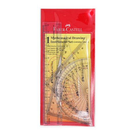 Faber Castell Mathematical Drawing Instrument Set, 180 Degree Protractor,  60, 90, 30 Set Square, 45, 90 Degree Set Square and 1 15 CM Ruler (Centimeters)  Faber Castell Mathematical Instruments